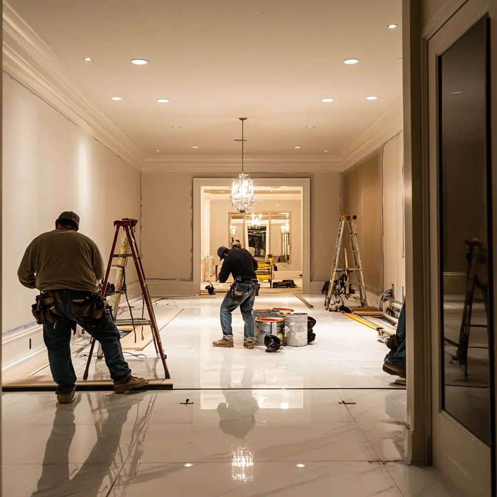 A team of professionals conducting a final inspection in a newly renovated modern space.