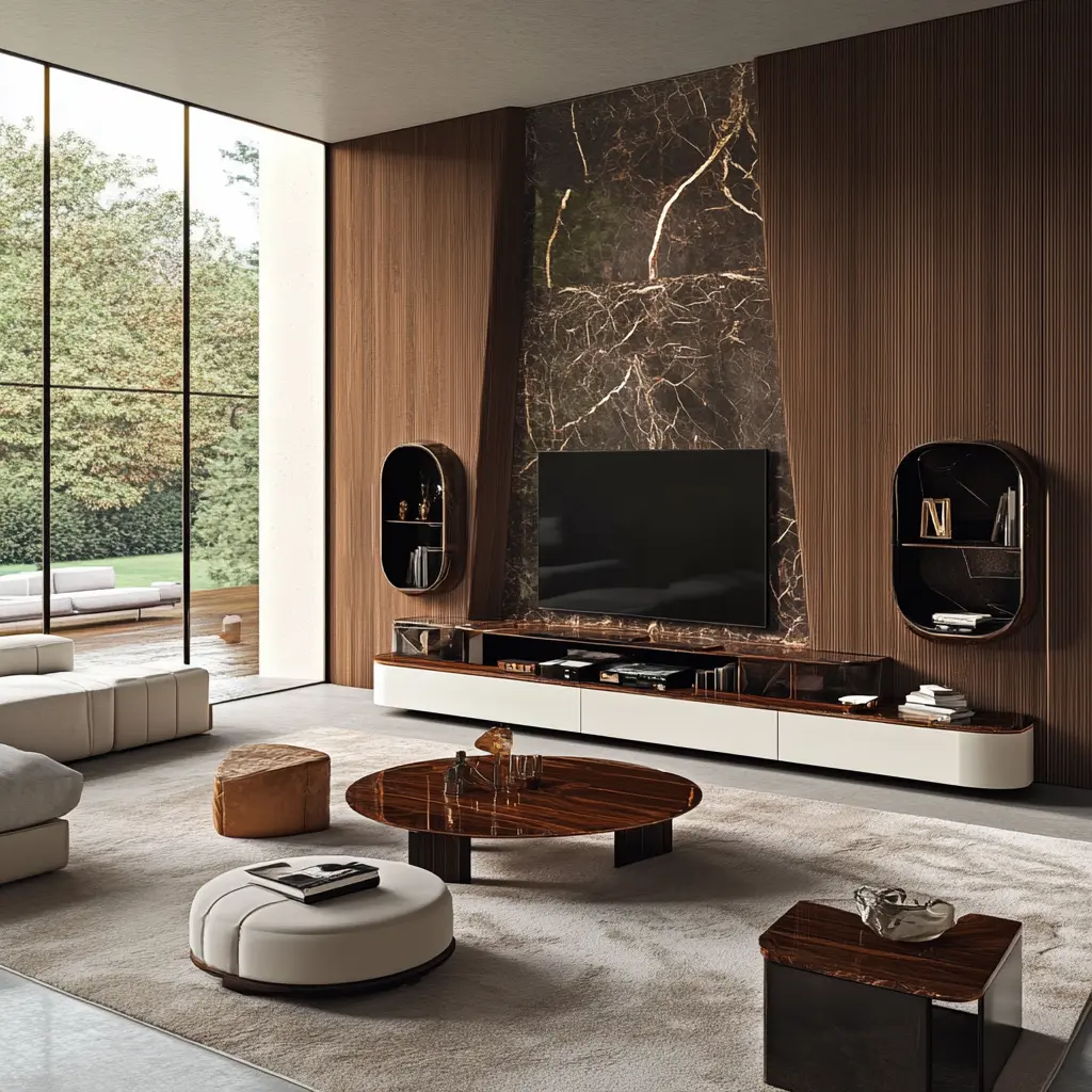 A contemporary living room featuring a sleek Roche Bobois TV unit as the centerpiece.