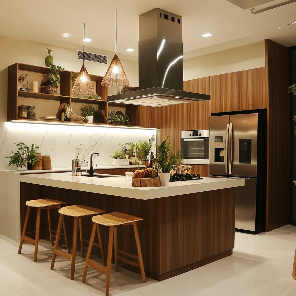 Compact Modern Filipino Kitchen with Swedish Flair A cozy 15 sqm kitchen with wooden cabinets, rattan accents, and minimalist Scandinavian-inspired decor Pasadena Property