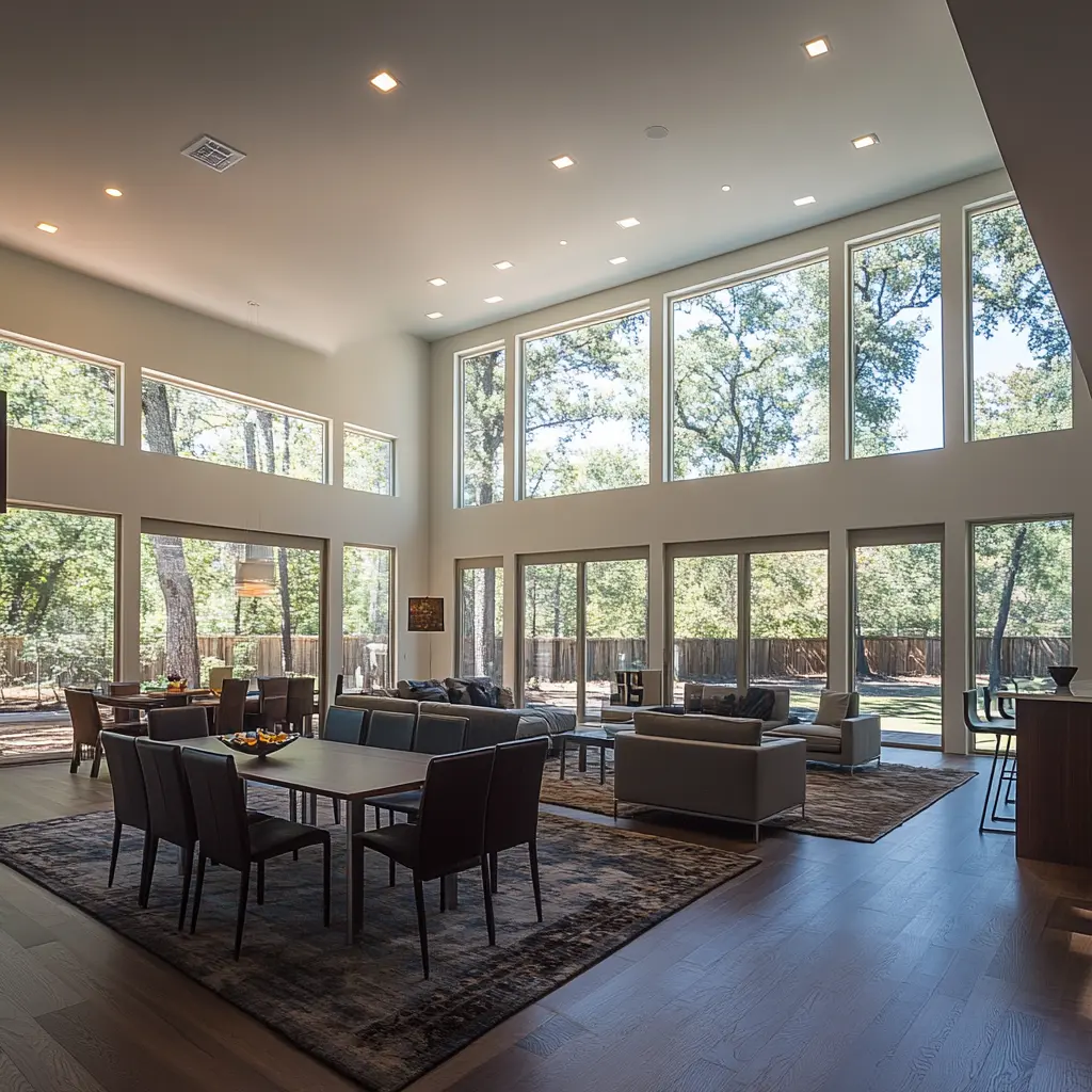 Bright and Spacious Living Room Extension with Large Windows Spacious living room extension with large windows and modern furniture.