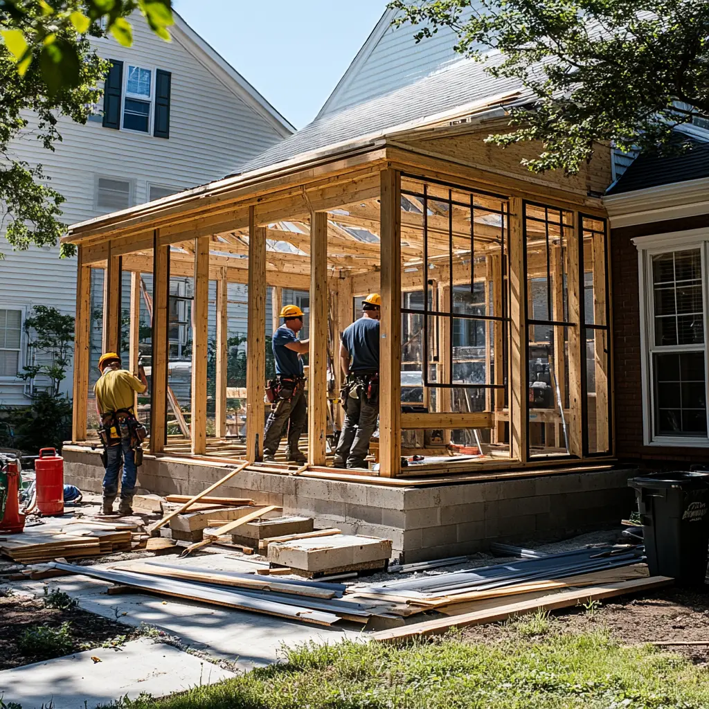 Sunroom Extension Construction in Progress Construction workers building a sunroom addition onto a house.