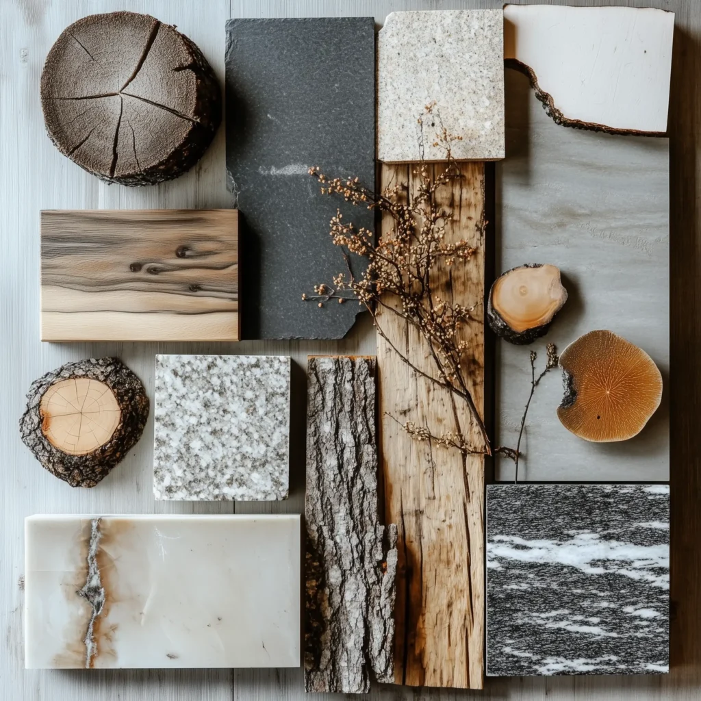 A mood board showcasing natural materials like spruce wood, granite stone, and warm textiles, evoking the charm of Swiss country life.
