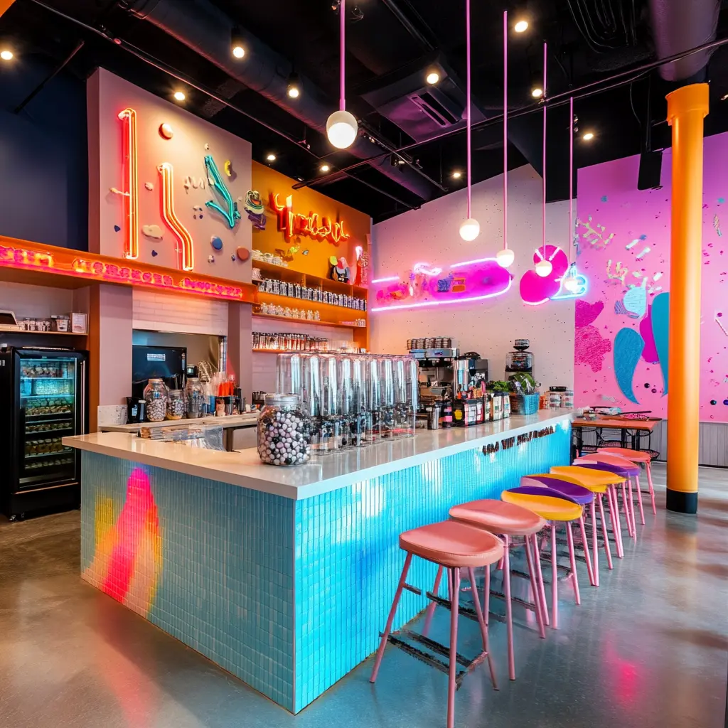 Colorful boba tea shop interior with neon signs and cozy seating