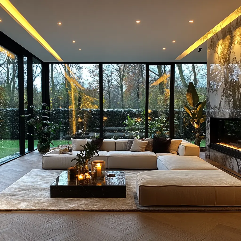 5x5m Living Room: Open to Garden with Fireplace A 5x5 meter living room with parquet floors, a marble fireplace, and glass walls overlooking a winter garden.