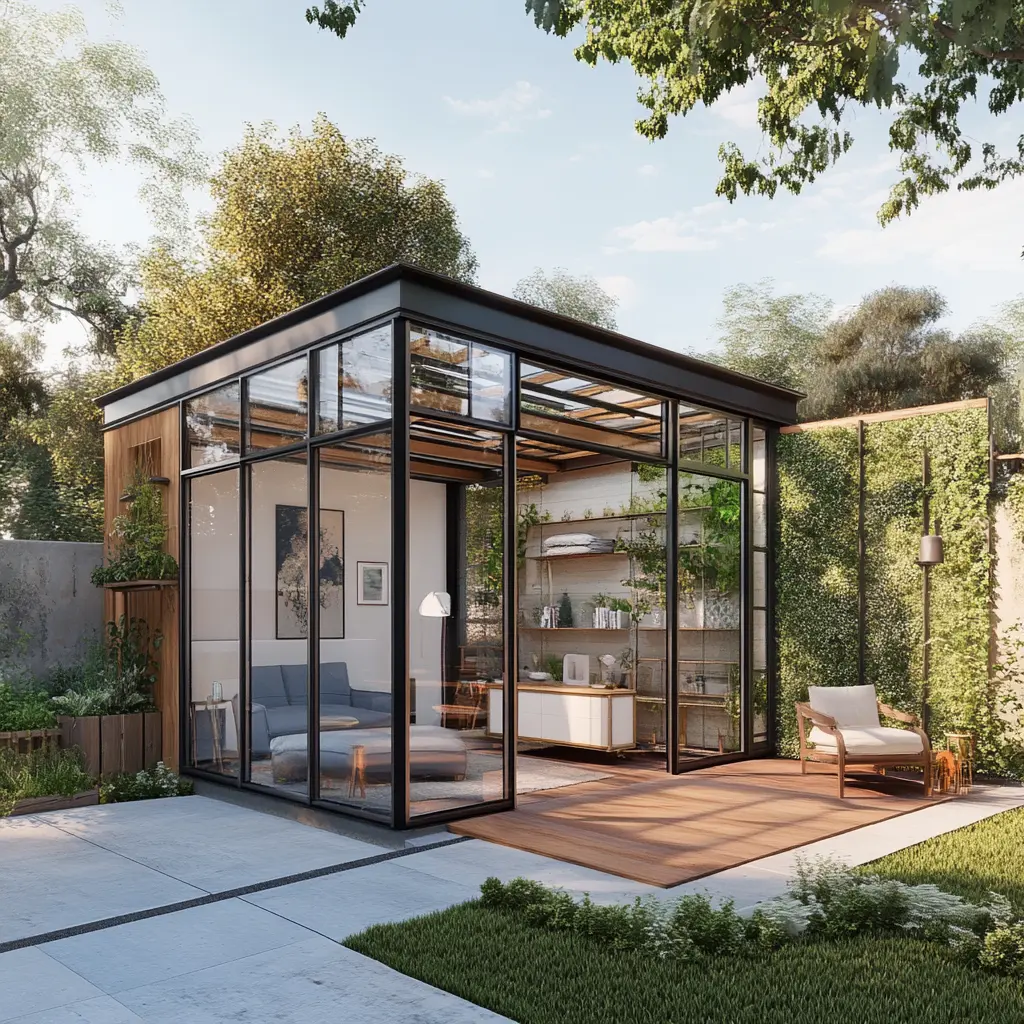 Adaptable ADU Design: Modular and Multi-Functional Living Space 3D rendering of a modern ADU with a modular design, showcasing flexible interior spaces and large windows.