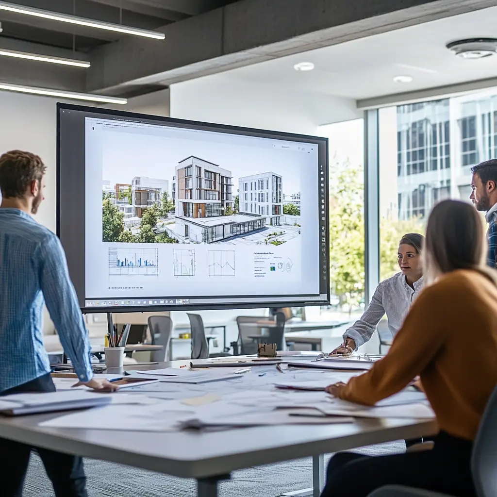 Collaborative Brainstorming: Inside an Architecture Firm A diverse team of architects brainstorming in a modern office, with a presentation on market positioning and differentiation displayed on a large screen.