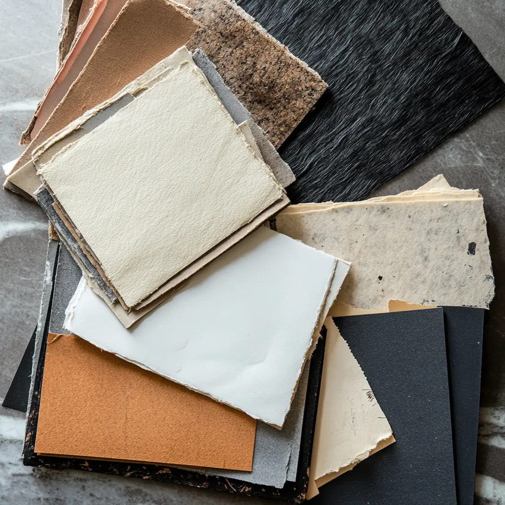 A flat lay of various types of paper, including textured, colored, and patterned options.