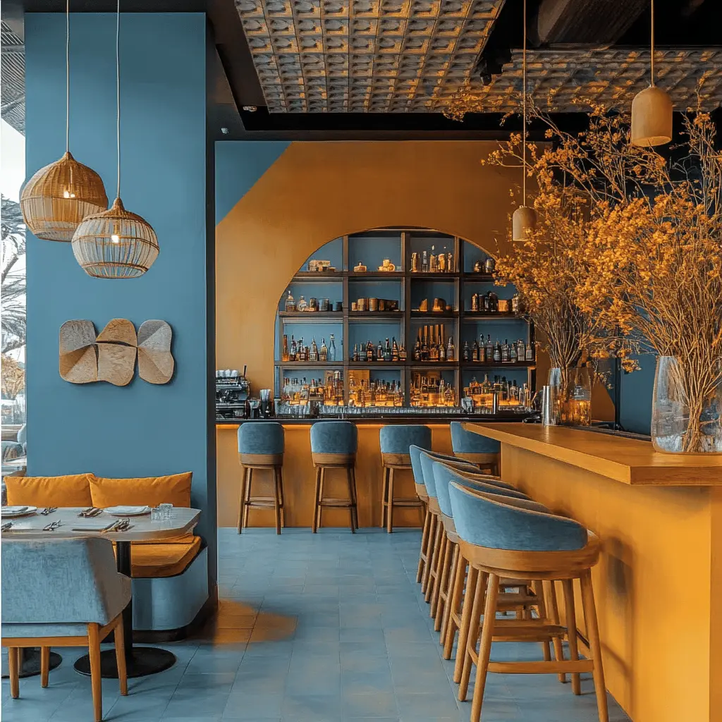 A modern restaurant interior with blue and orange color scheme, featuring comfortable seating and a sleek bar.