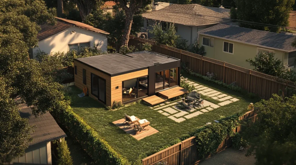 Isometric aerial view of a single-family home in California with an attached accessory dwelling unit (ADU).