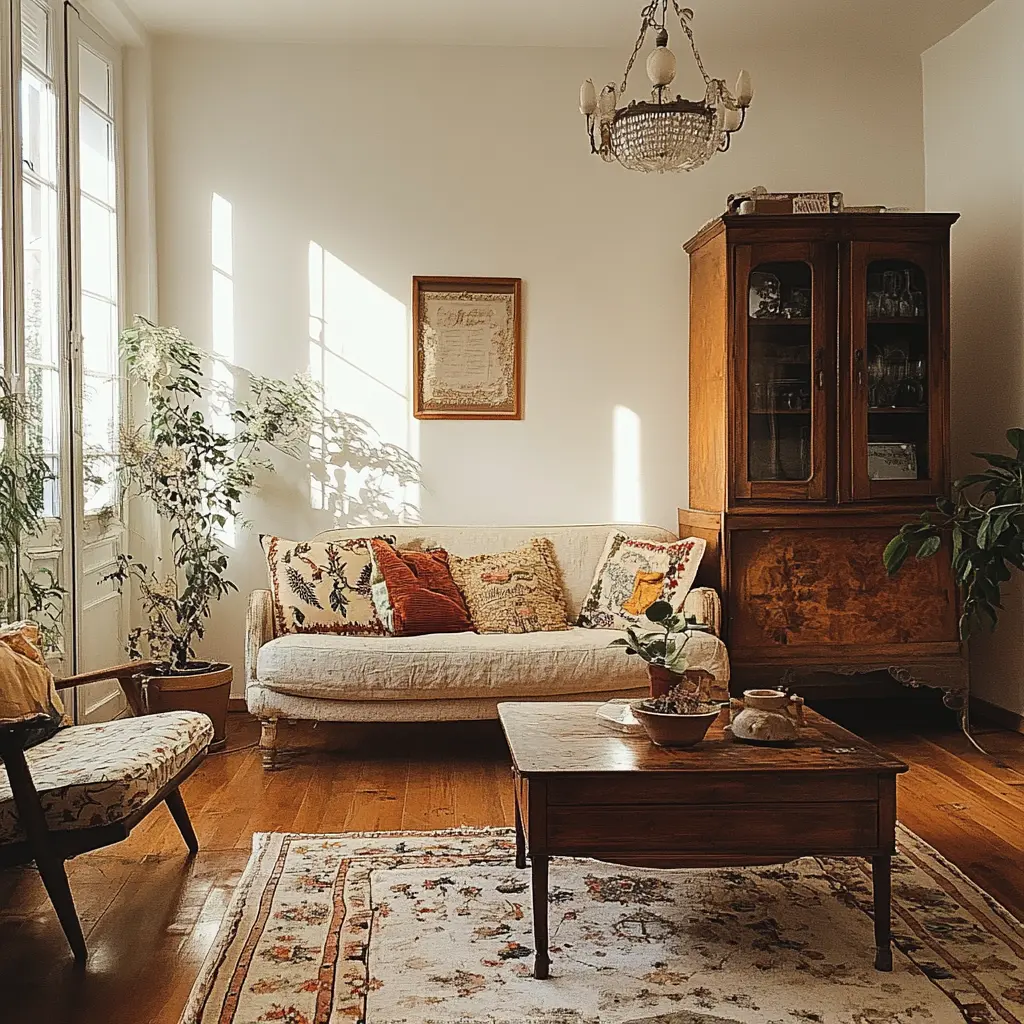 A cozy apartment decorated with vintage furniture, antique decor, and unique accessories sourced from local tiendas de decoraciĂłn.