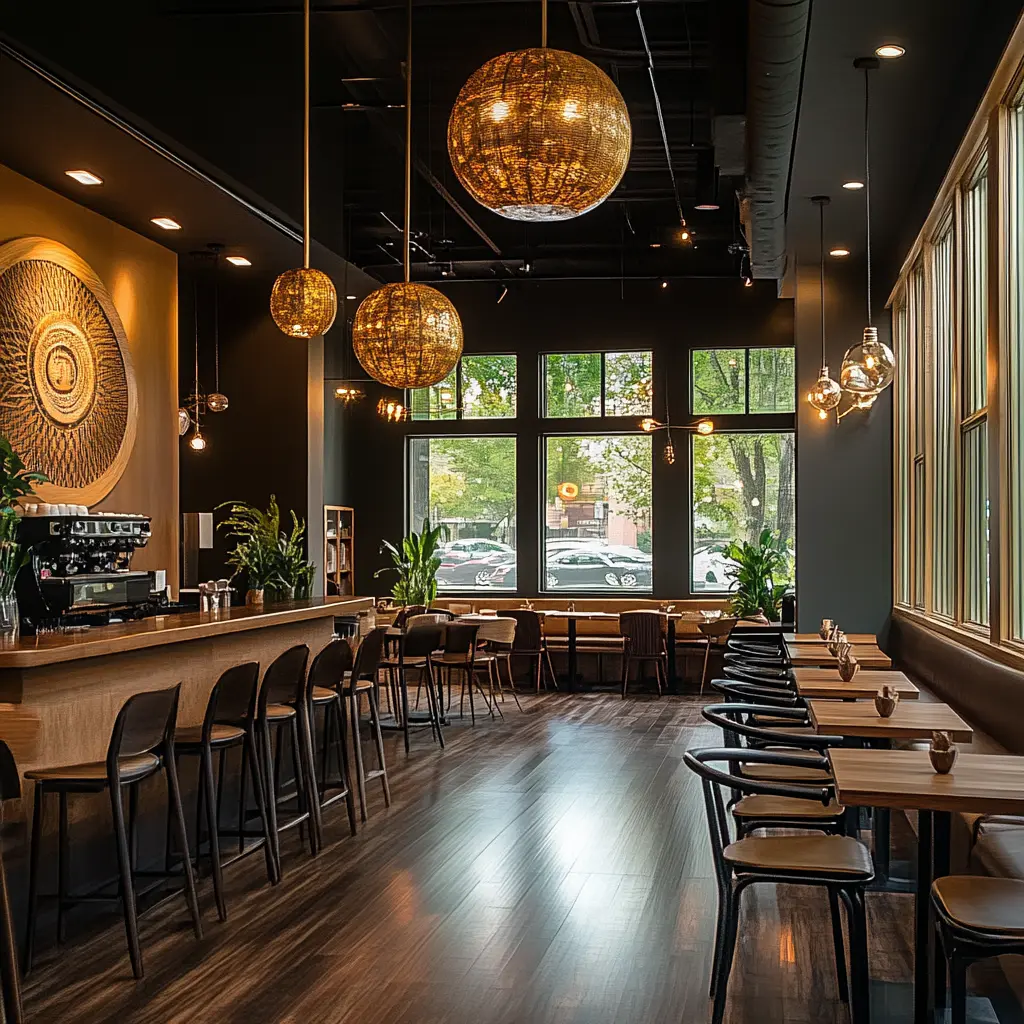 Chukosē Café: Indigenous-Inspired Luxury Chukosē Café interior with dark wood floors, earthy tones, and Yamassee-inspired wall art.