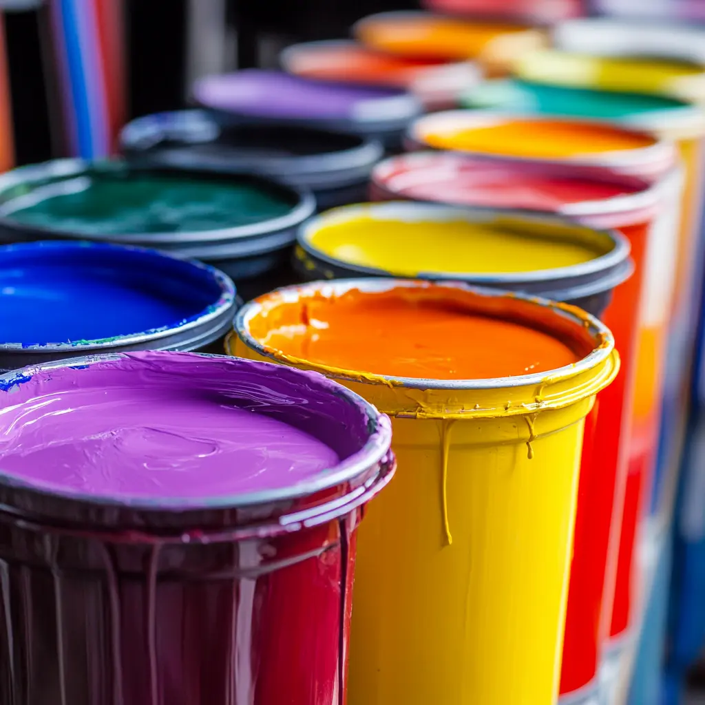 Colorful paint swatches in a bucket.