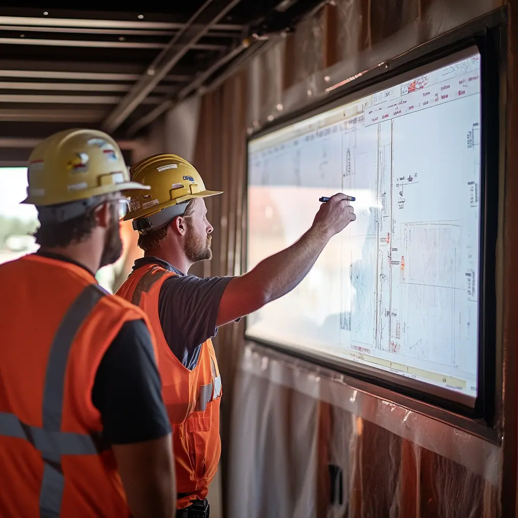 Construction workers review project data on a large screen inside a jobsite trailer.
