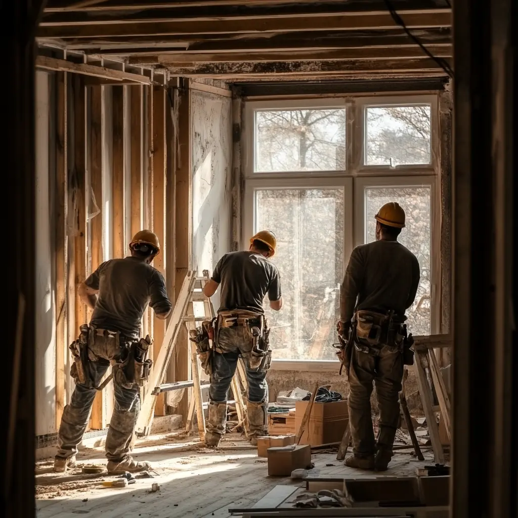 Construction workers installing cabinets in a new home.