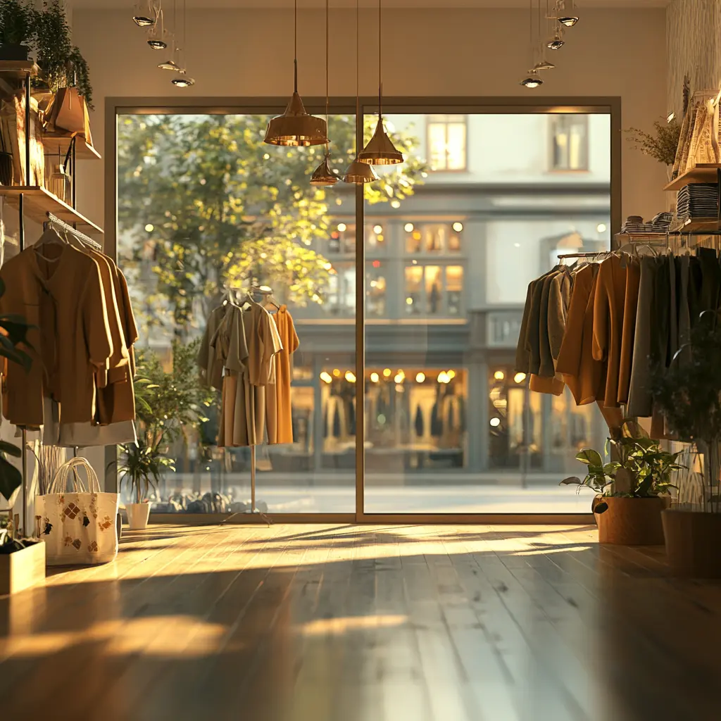 A cozy clothing store interior with warm lighting and inviting decor.