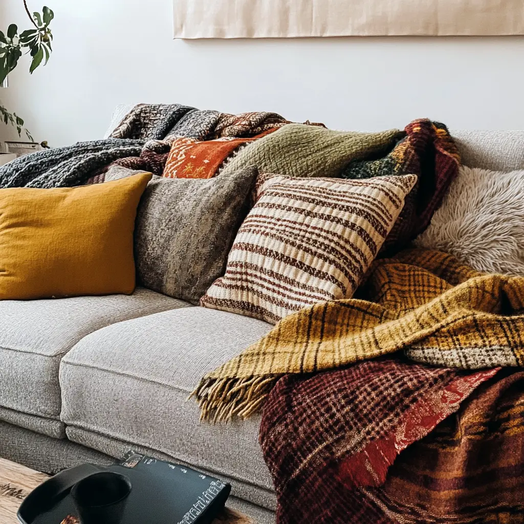DIY A cozy couch with a variety of throw blankets in different colors and textures, creating a warm and inviting atmosphere.