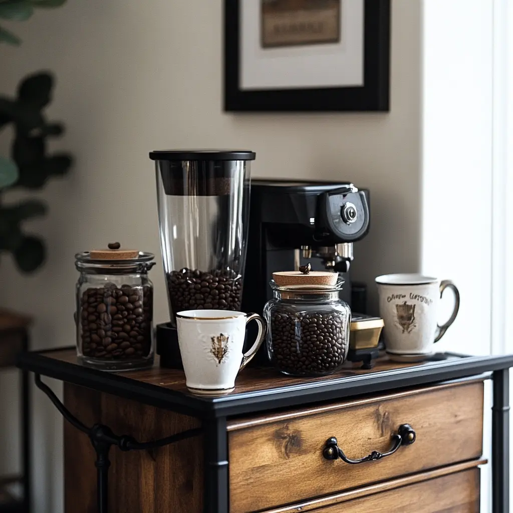 A stylish bar cart transformed into a DIY coffee station, featuring decorative mugs, a coffee grinder, and a glass jar filled with coffee beans.