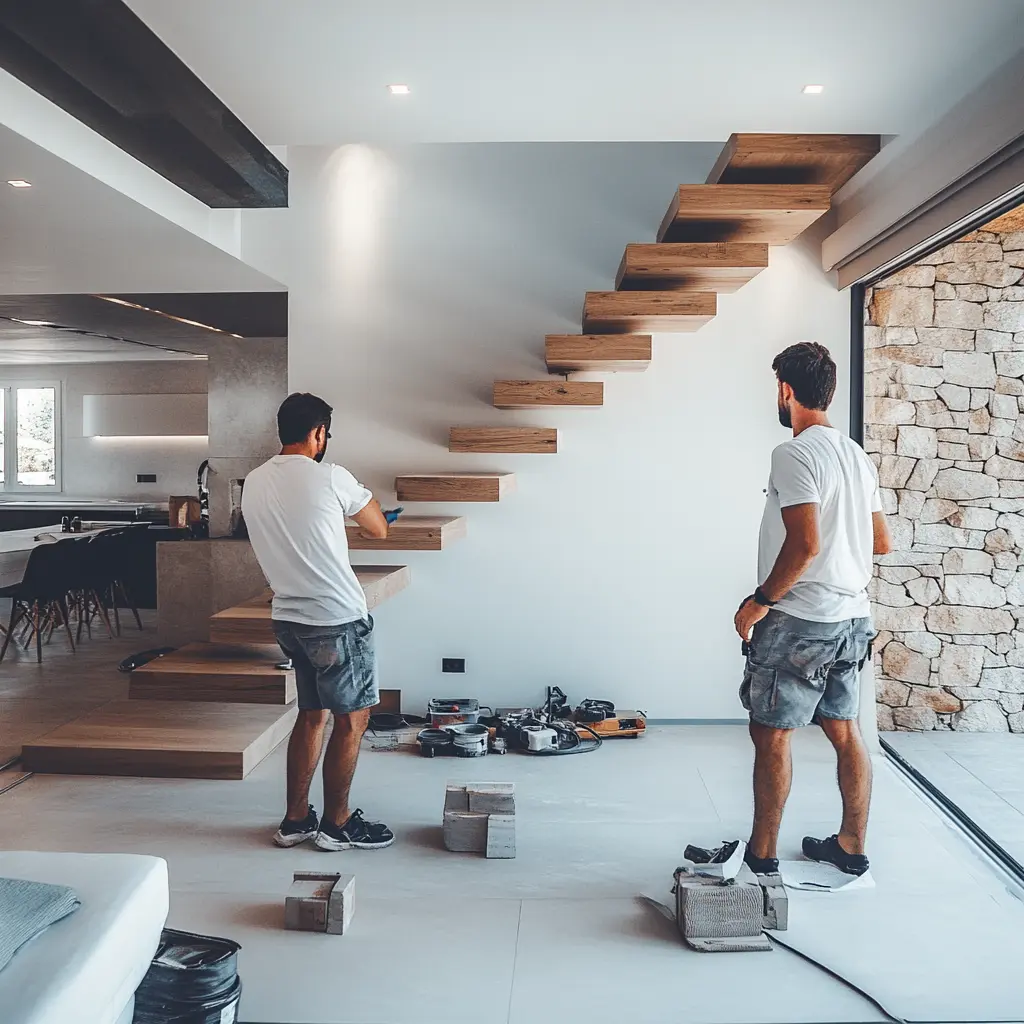 Two men in shorts and t-shirts building a floating wooden staircase in a modern home.