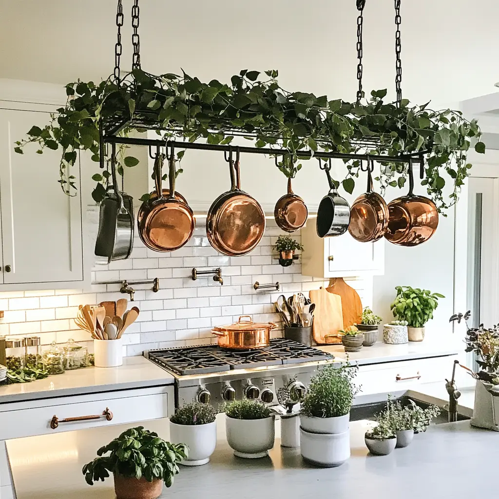 A close-up of a DIY hanging pot rack installed over a kitchen island, filled with a variety of copper and stainless steel cookware.