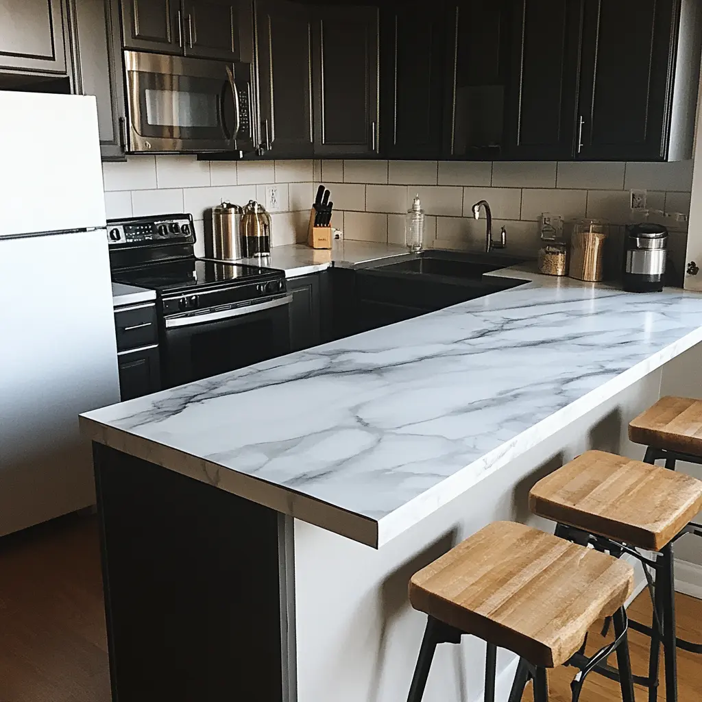 Close-up of a Cookroom countertop covered with marble-patterned contact paper.