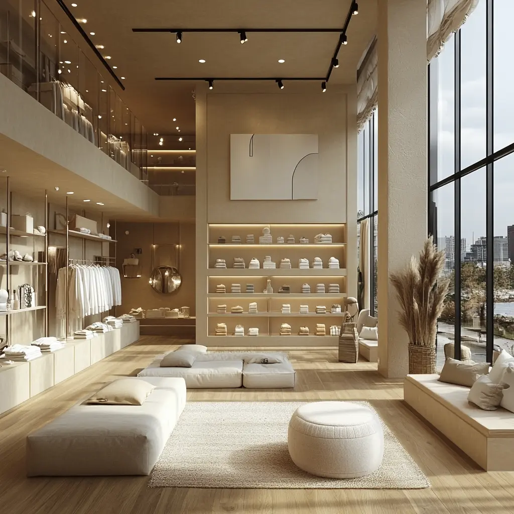 A customer browsing through clothing racks in a beautifully designed clothing store with high ceilings and natural light.