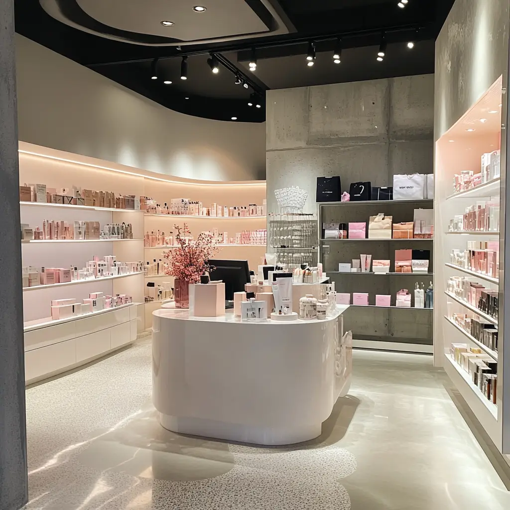 Talented Visual Merchandiser Creates Inviting Store Displays A professional visual merchandiser meticulously arranges products on shelves to create a visually appealing and inviting display in a fashion/beauty store.
