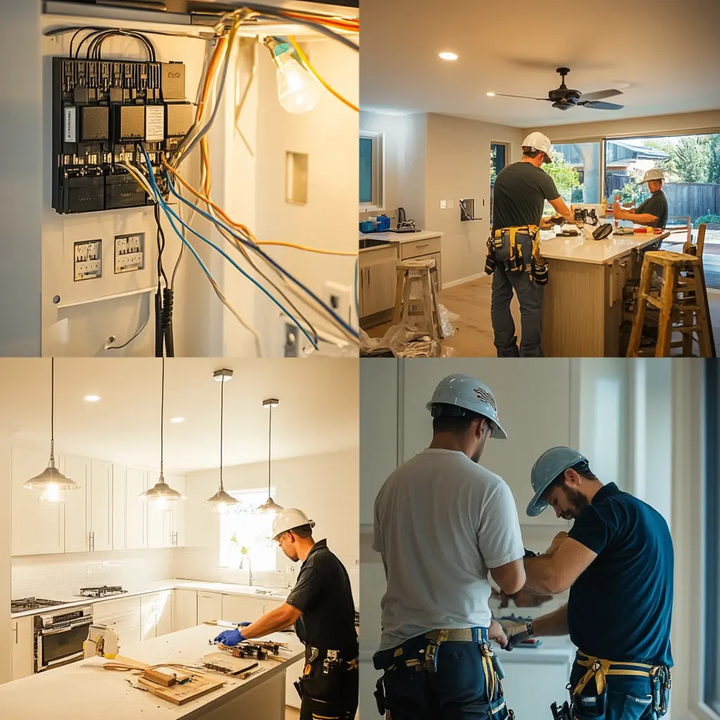 Full-Service Electrical Services: Residential & Commercial A collage image showcasing various electrical services, including lighting installation, circuit breaker repairs, and ceiling fan installation.