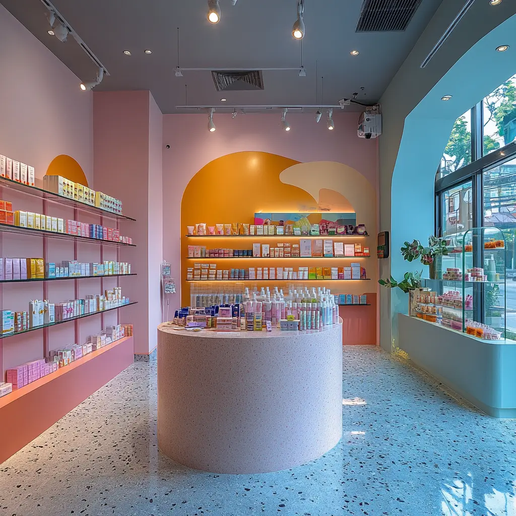 A futuristic retail store interior with interactive displays and robotic assistants.
