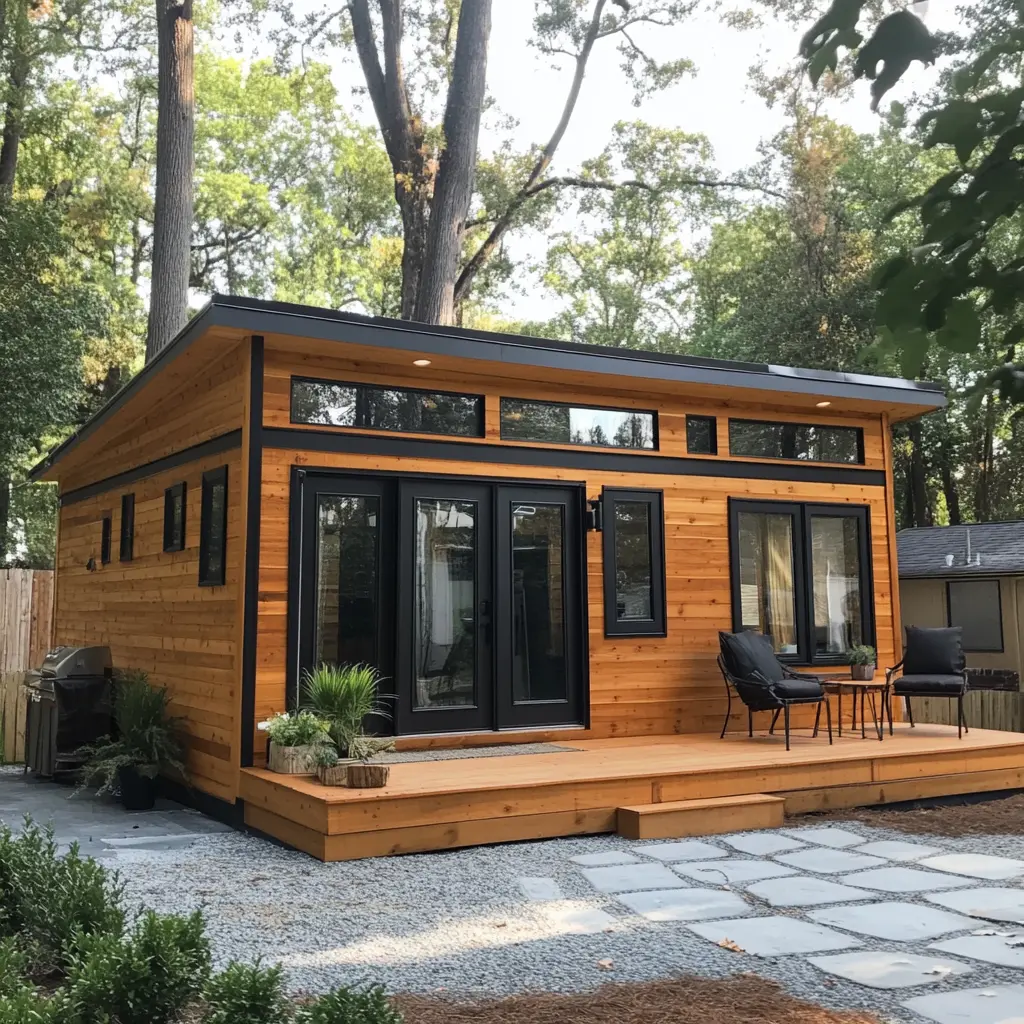Charming Georgia Backyard Tiny Home Studio A small, wooden tiny home studio with a porch swing, surrounded by lush greenery and a white picket fence, reminiscent of Georgia's countryside.