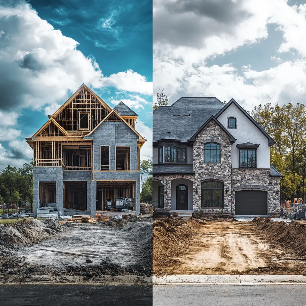 A split-screen banner showing a house under construction on one side and a completed home on the other, highlighting the transformation process.