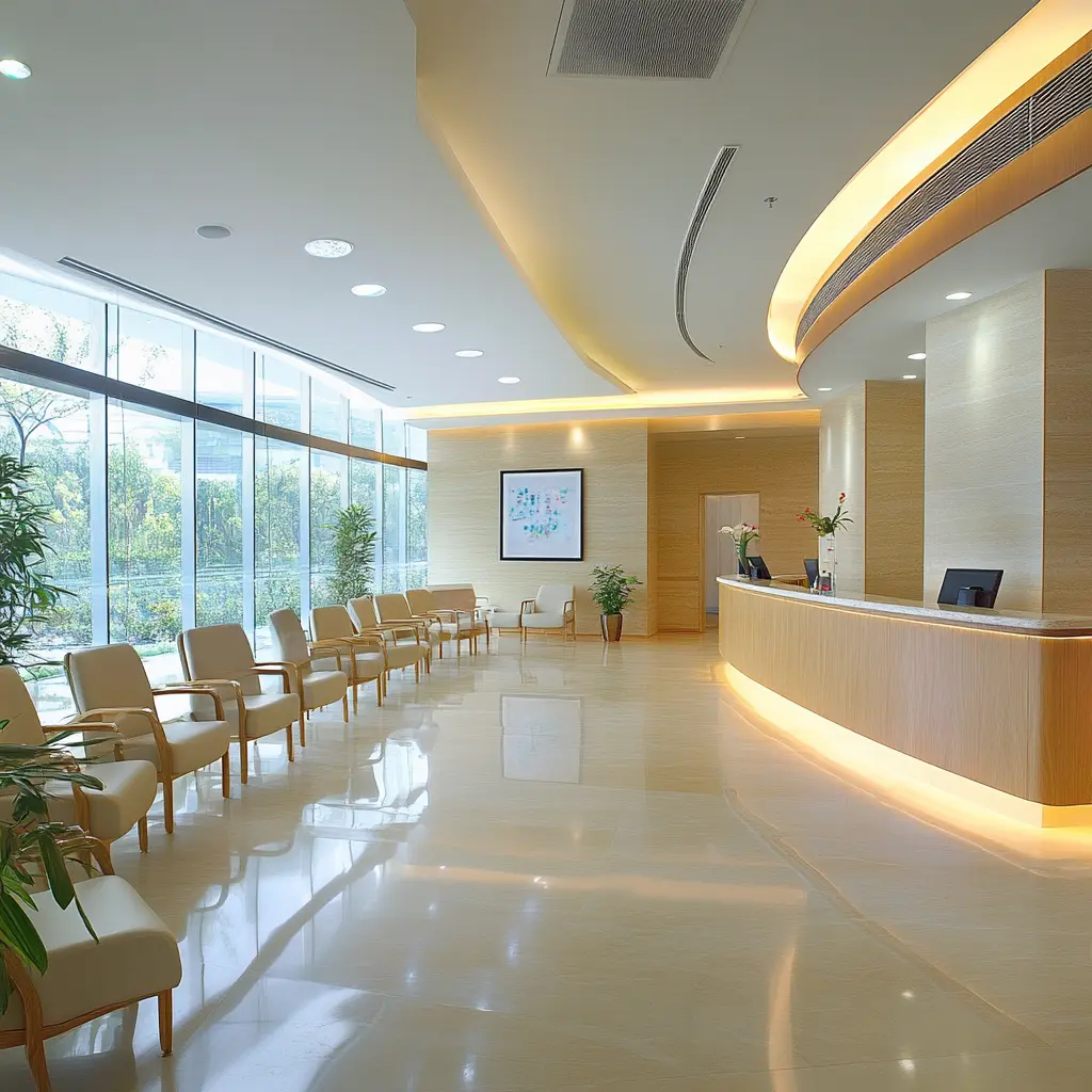 Creating a Comfortable Hospital Waiting Area: Design & Inspiration A rendering of a modern hospital waiting area with rows of comfortable chairs, soft lighting, and large windows providing natural light.