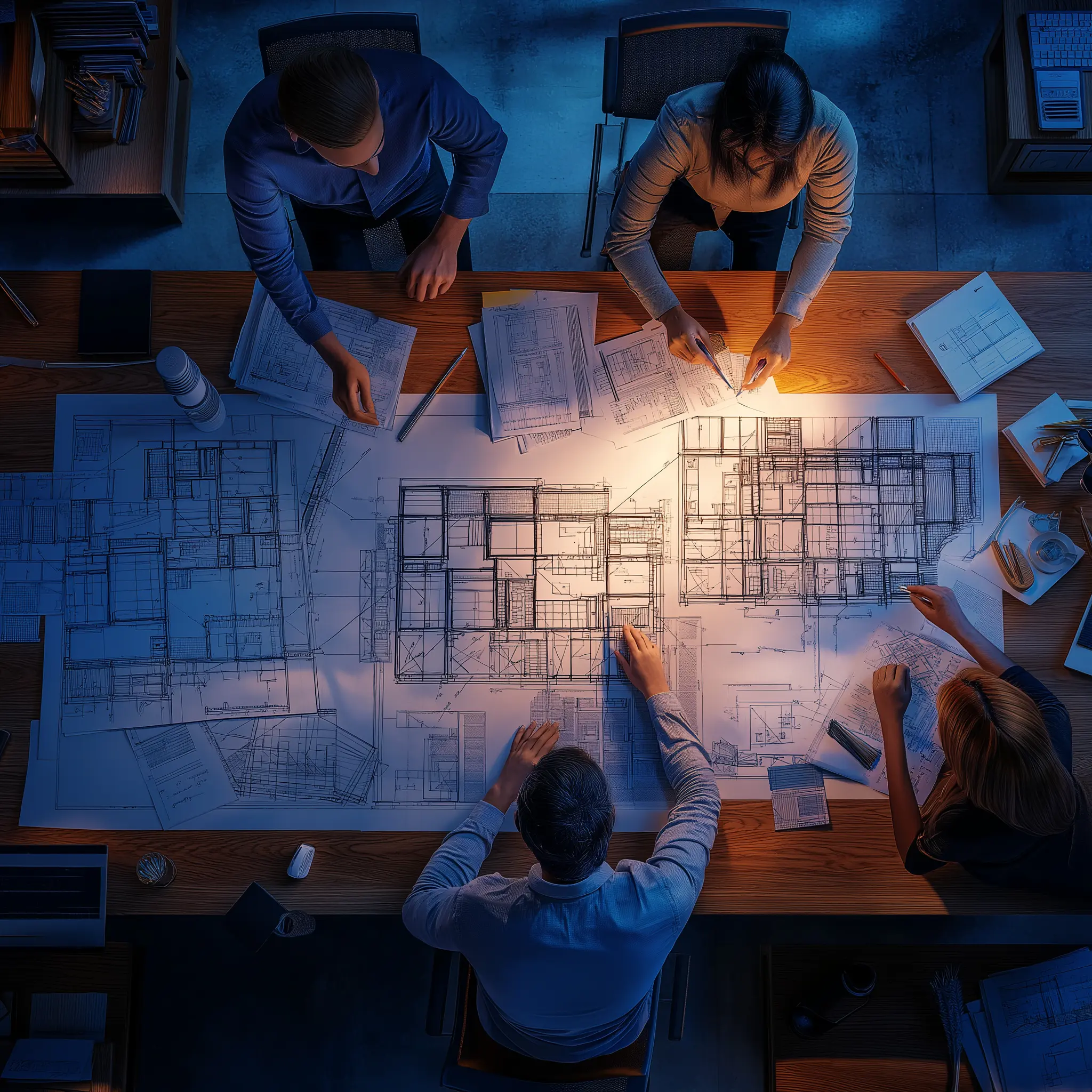 Hyperrealistic Office Collaboration: Architects at Work A hyperrealistic photo of architects working together at a conference table in a modern office, surrounded by blueprints and featuring a cool blue color palette.