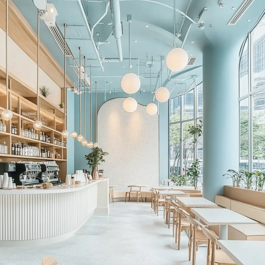 A rendering of a Japandi-inspired café interior with a focus on natural light and minimalist design.