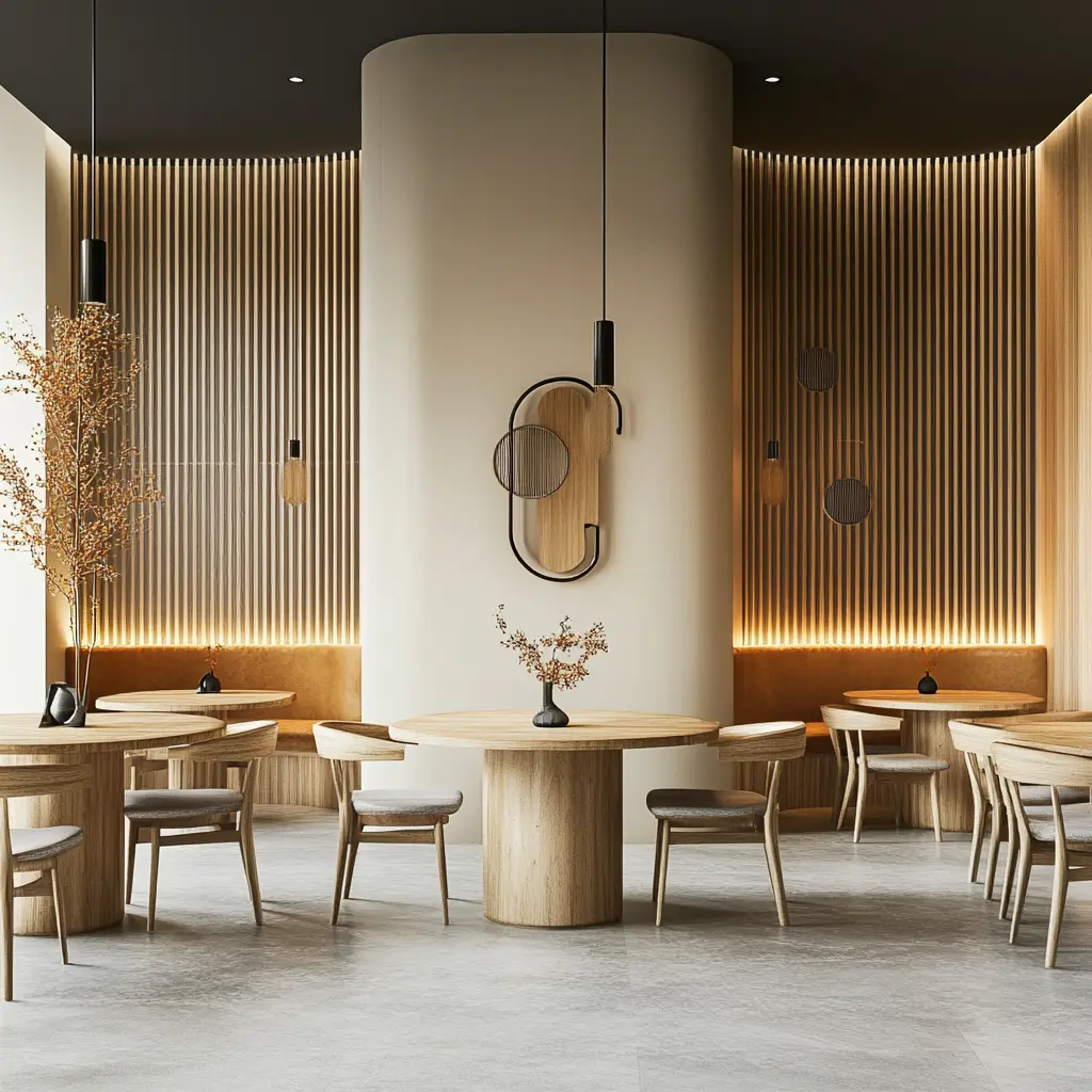 3D rendering of an Asian restaurant interior with minimalist wooden elements and beige walls, inspired by Japanese architecture.
