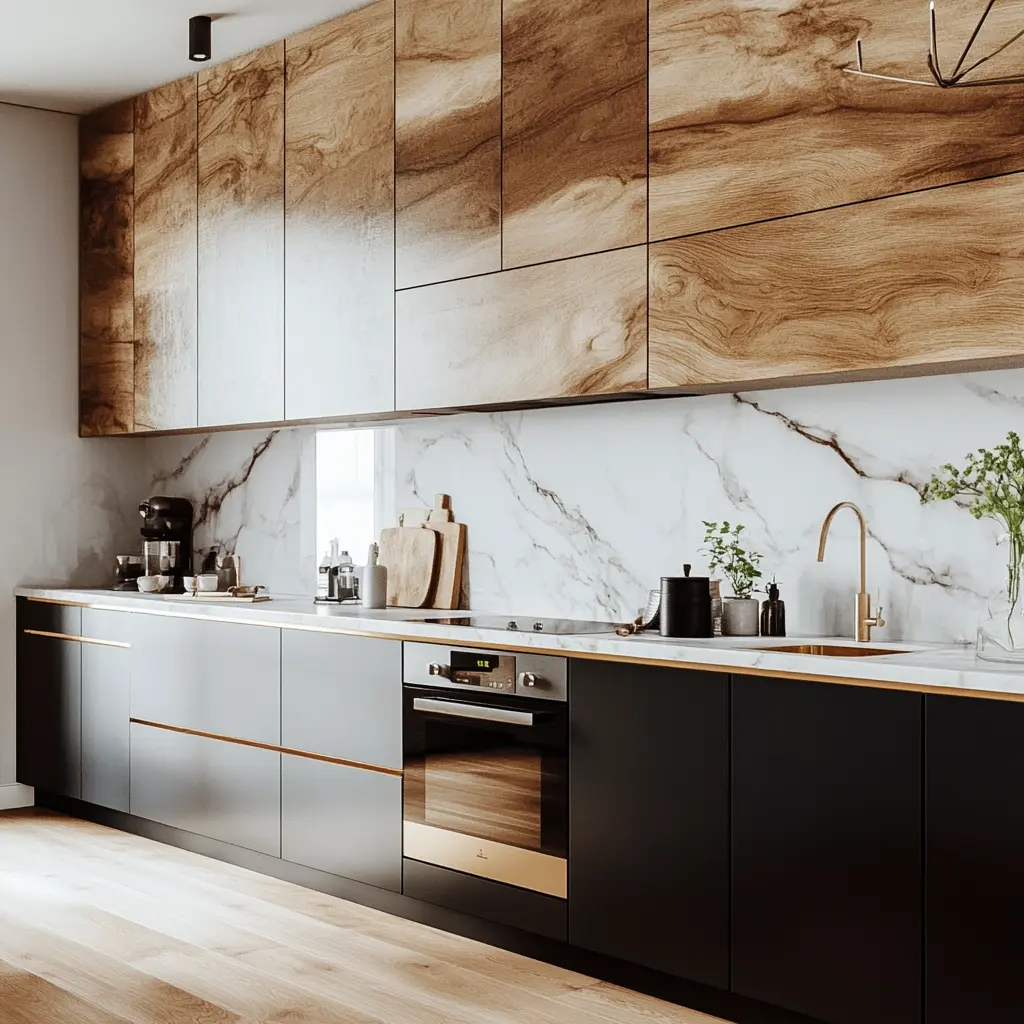 Kitchen cabinets with marble-effect decals, creating a luxurious and modern look.