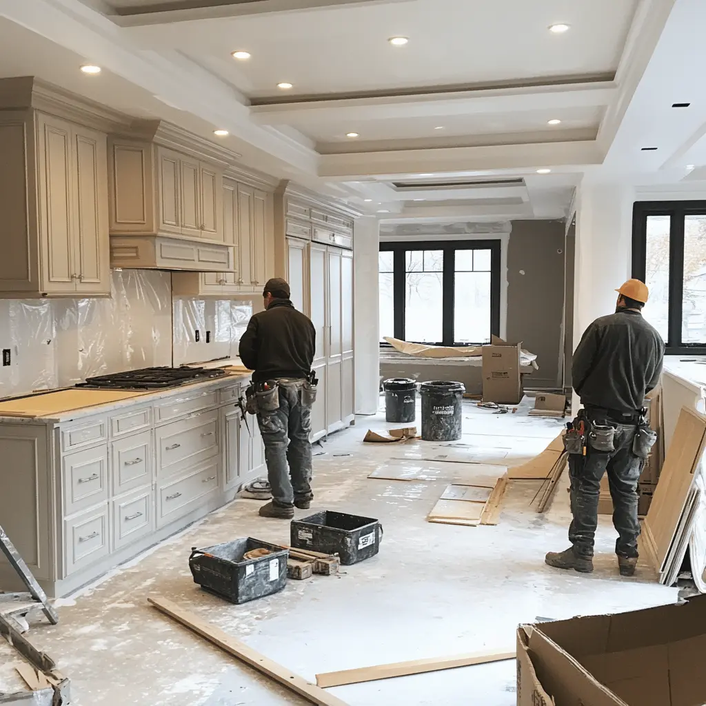 Men installing kitchen cabinets during a home renovation.
