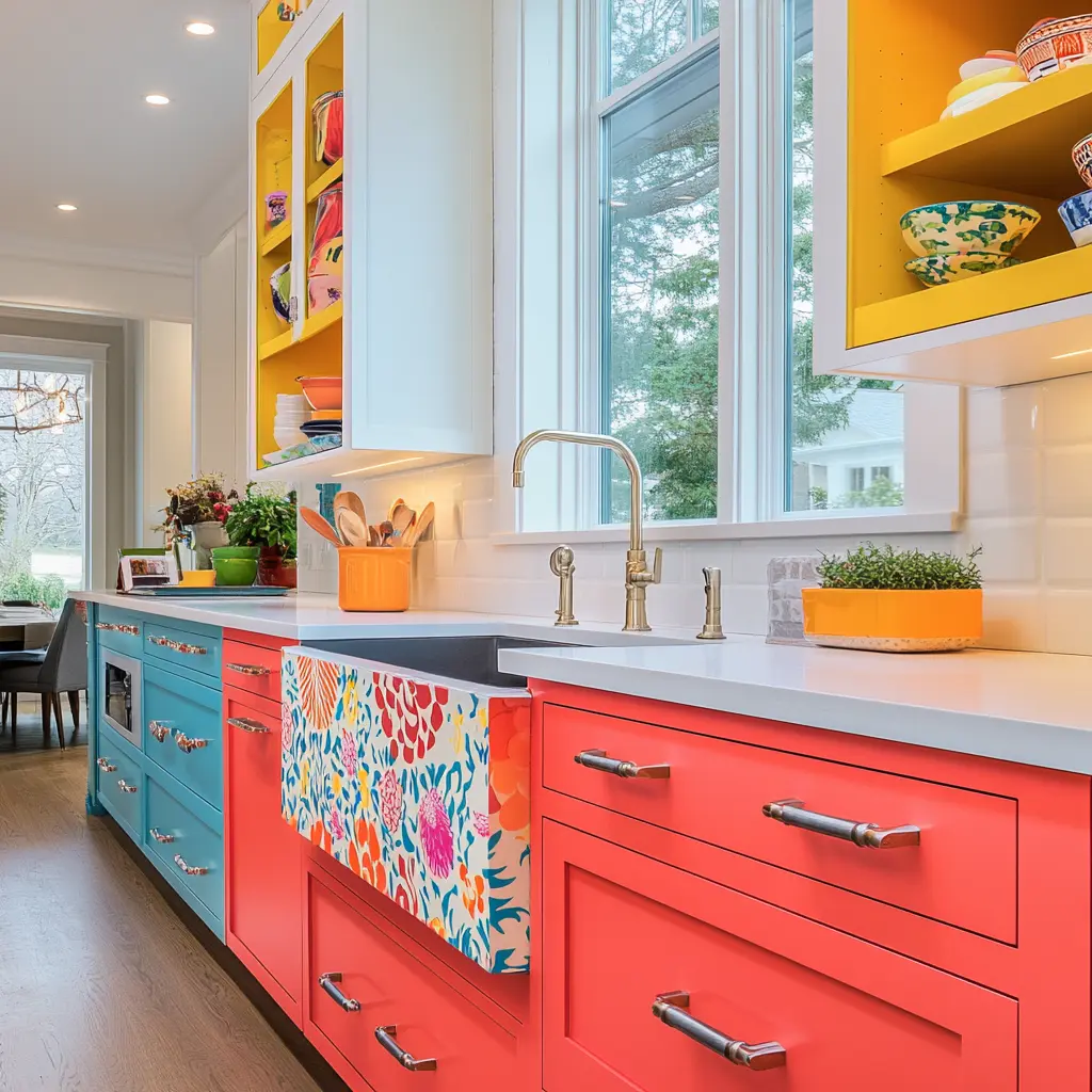 A close-up of colorful cabinet interiors with patterned drawer liners in a modern Cookroom.