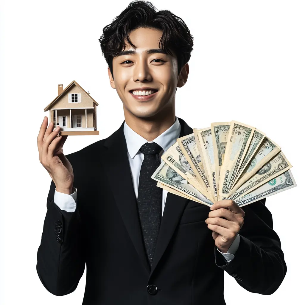 A smiling Korean real estate agent wearing a black suit, holding a model house and a fan of banknotes, symbolizing success in the real estate industry.