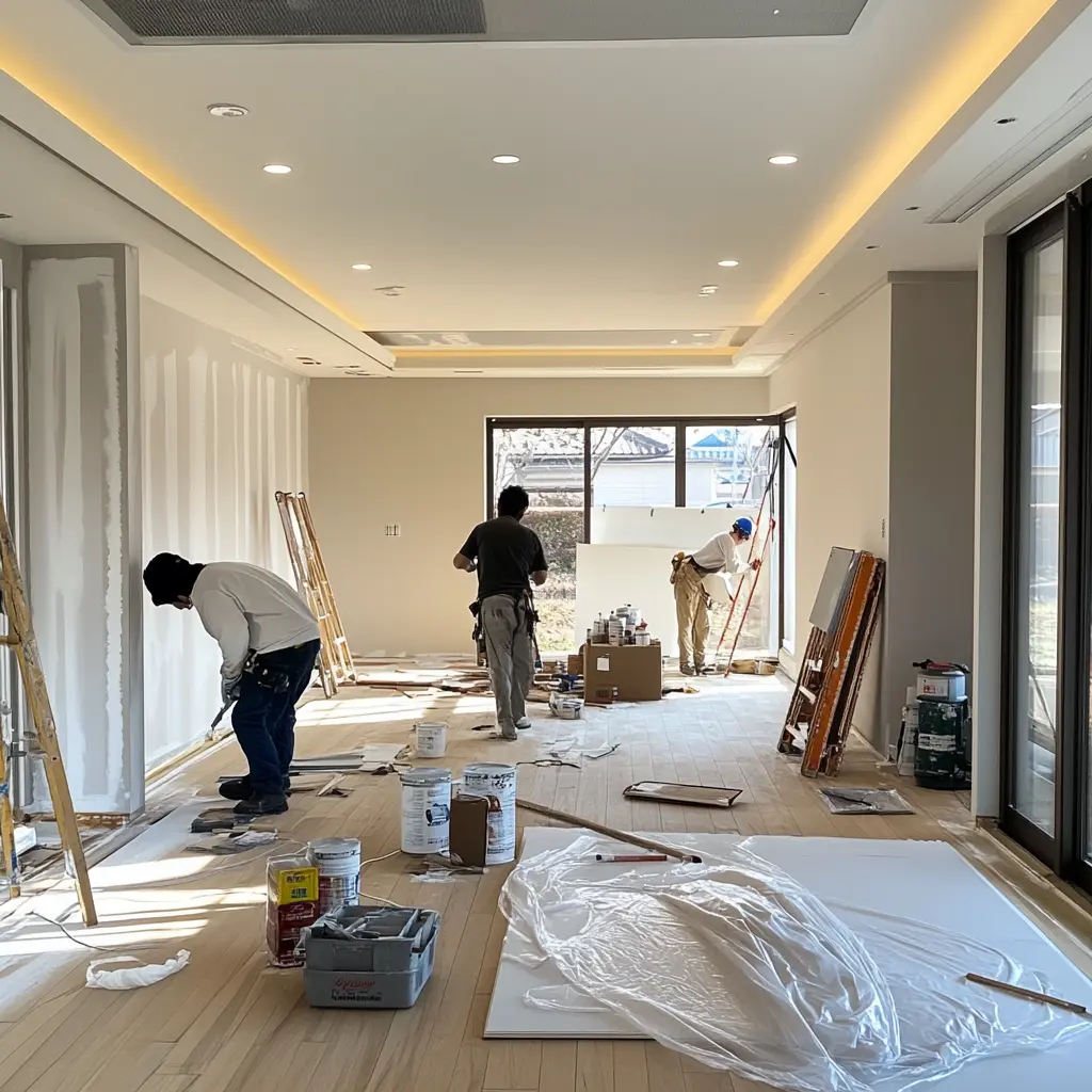 Workers painting walls and installing wooden flooring during a Korean villa renovation.