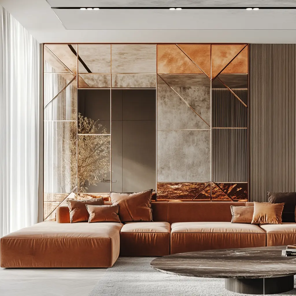 DIY A large, vintage-style mirror reflecting light in a spacious living room.