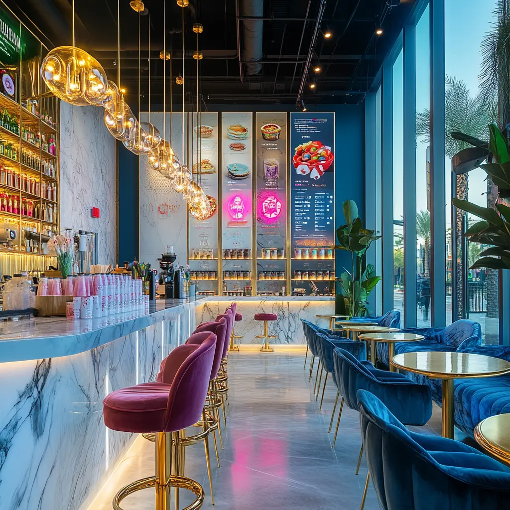 A luxurious boba shop interior with sleek marble countertops, gold accents, and artistic lighting fixtures.