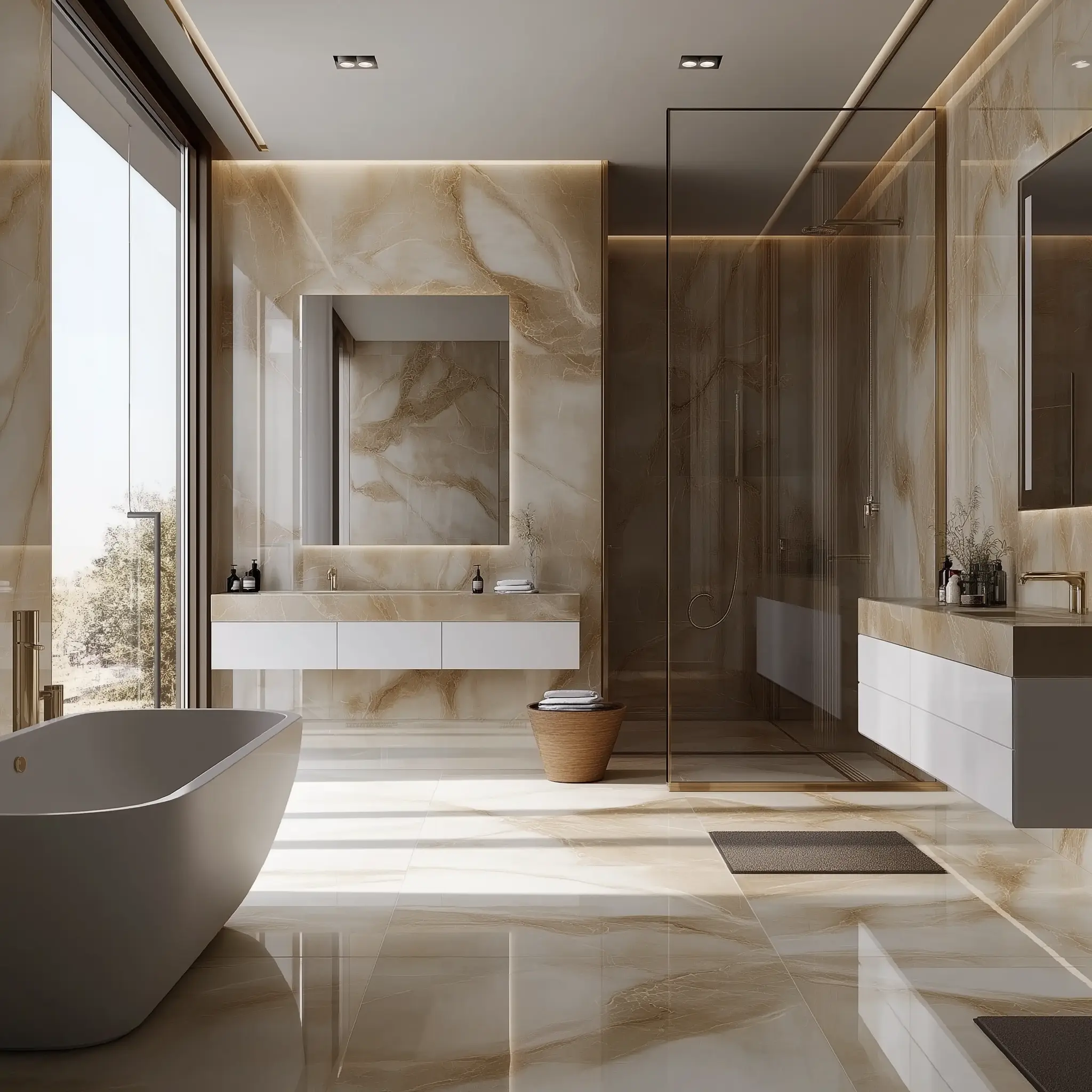Luxurious Marble Bathroom Design Ideas A luxurious marble bathroom with a freestanding bathtub and marble tile flooring.
