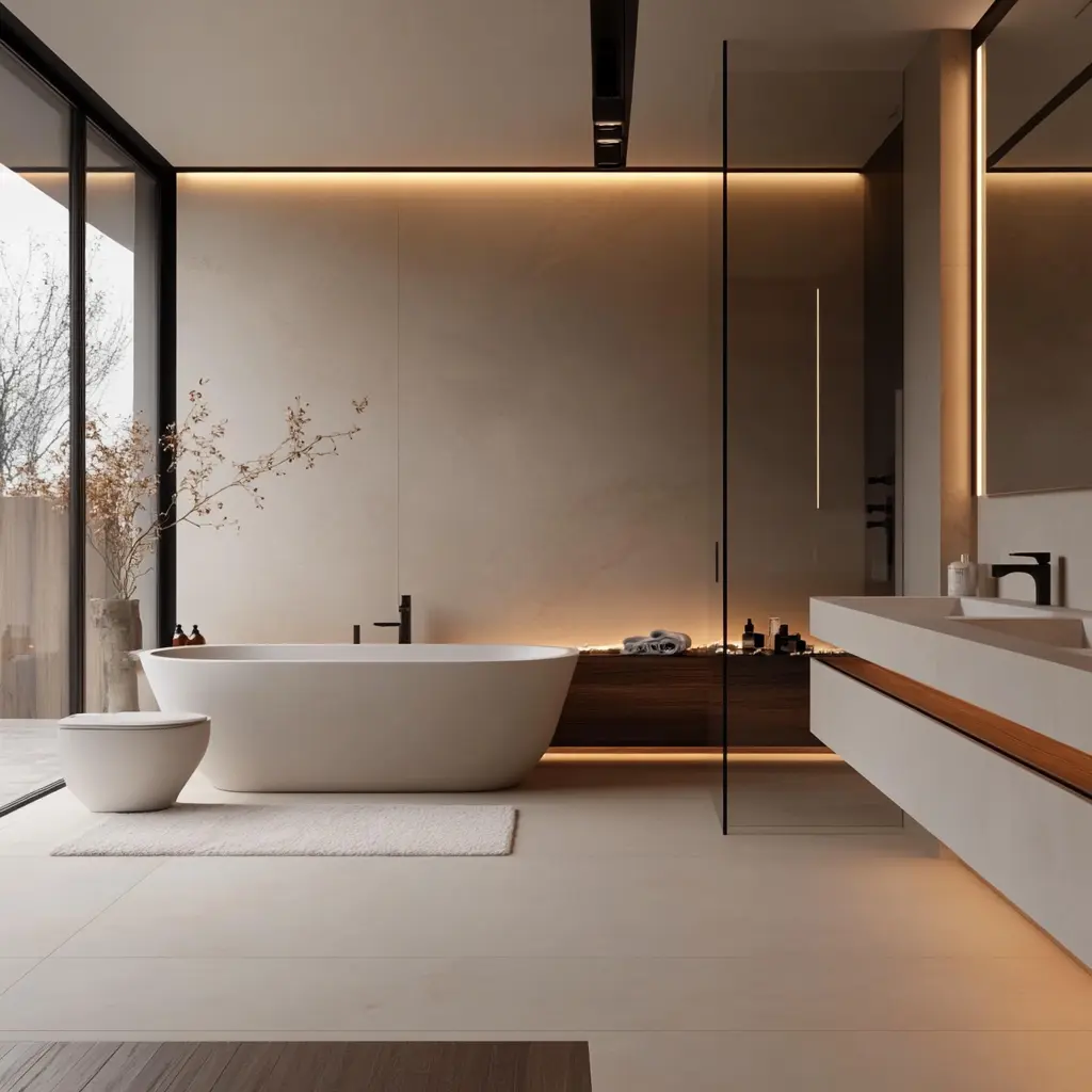 Minimalist Bathroom Design: Spacious and Serene A minimalist bathroom featuring a large soaking tub, a floating vanity, and natural light.