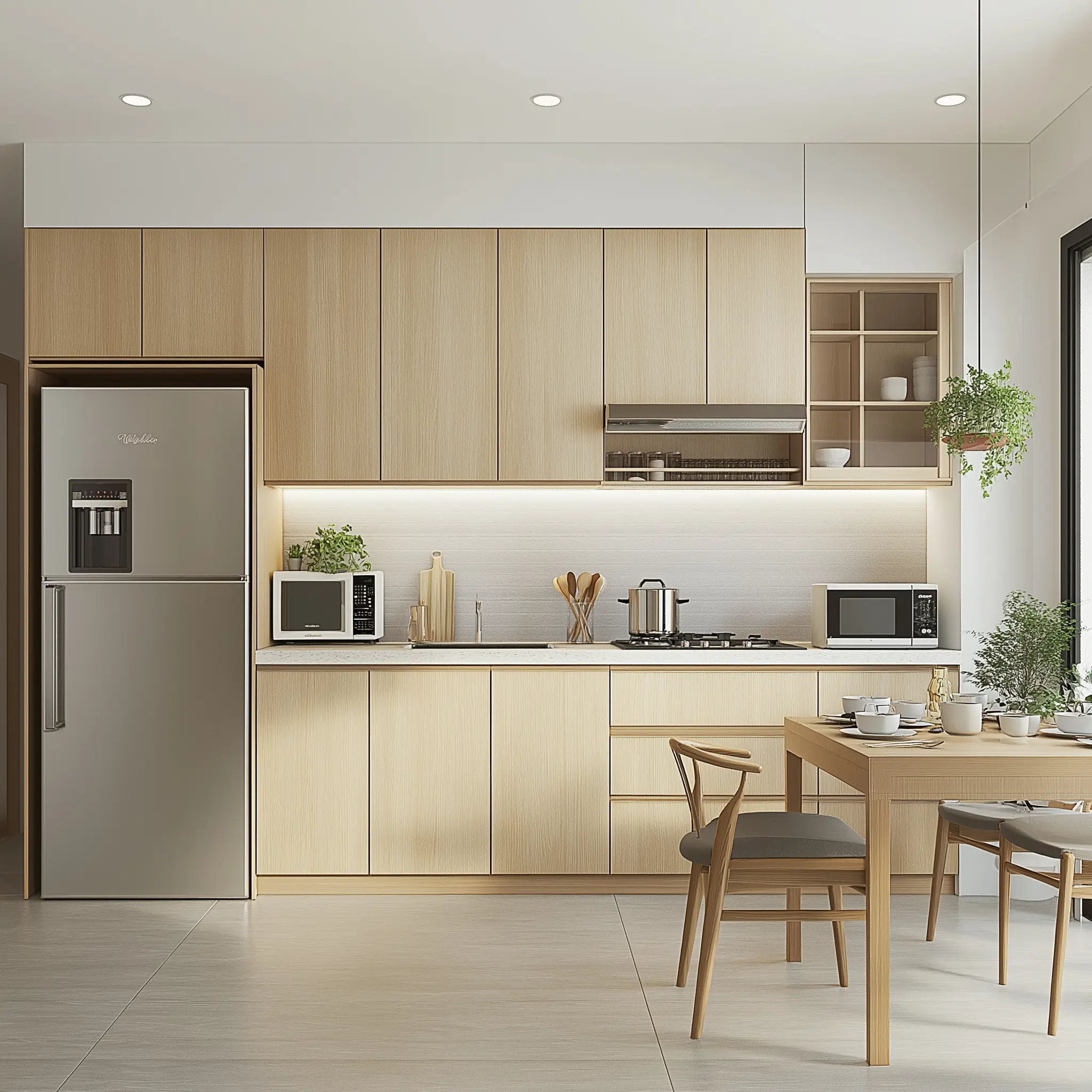 Minimalist Kitchen Design: Light, Airy, and Modern A bright, minimalist kitchen with light wood cabinets, white walls, and a dining table.