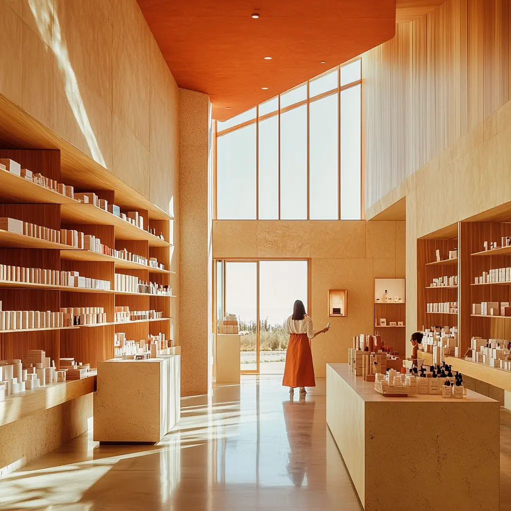 A modern retail store interior with minimalist product displays, strategically placed warm lighting, and a customer browsing products.
