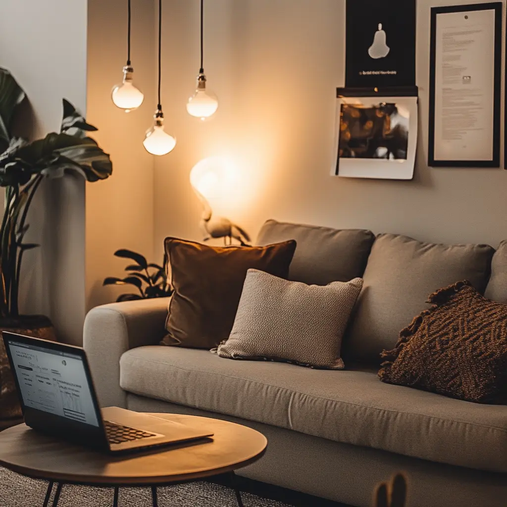A cozy and budget-friendly modern apartment living room with a comfortable sofa, soft lighting, and a laptop on a small table.