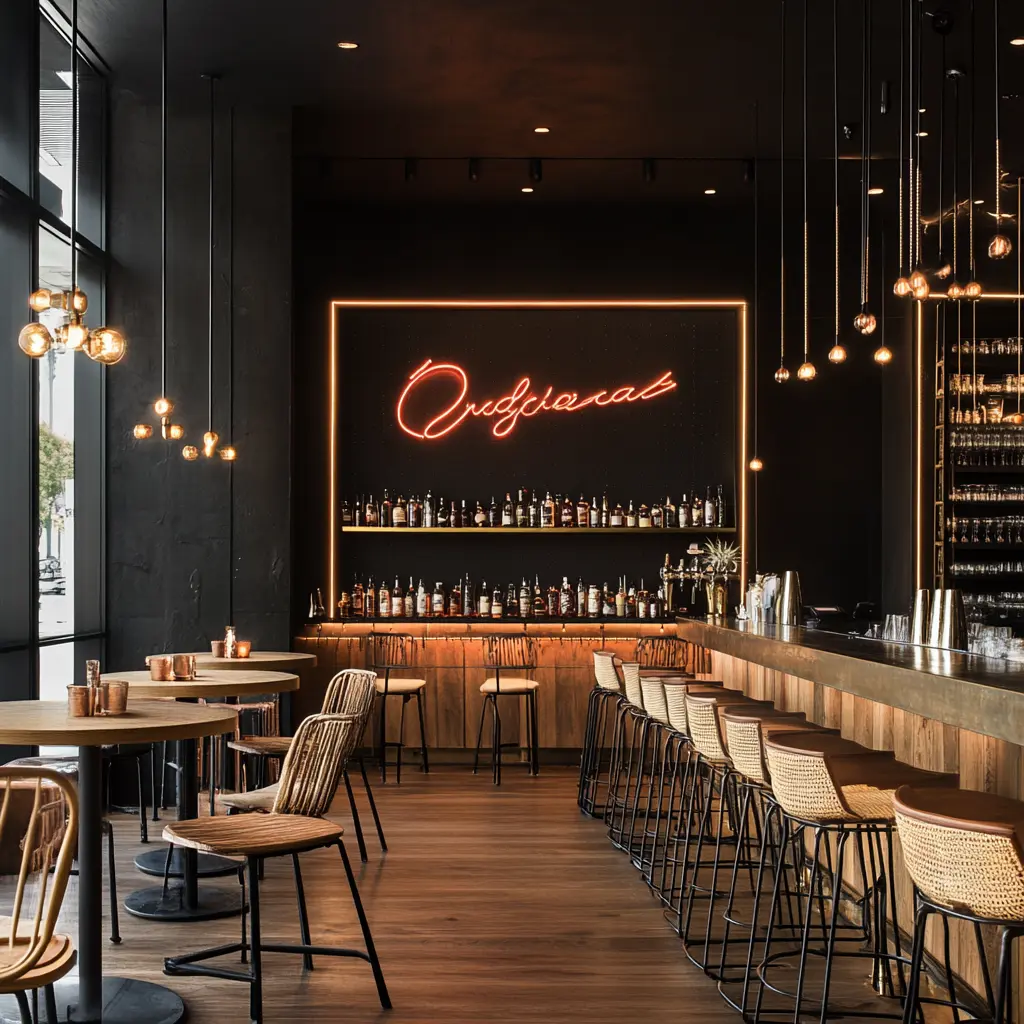 A modern bar interior with long wooden communal tables, matte black walls, gold accents, and hanging rattan pendant lights.