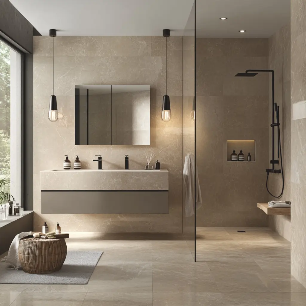 Modern Beige and Gray His and Hers Bathroom  A contemporary bathroom featuring his and her sinks with beige and gray color scheme.