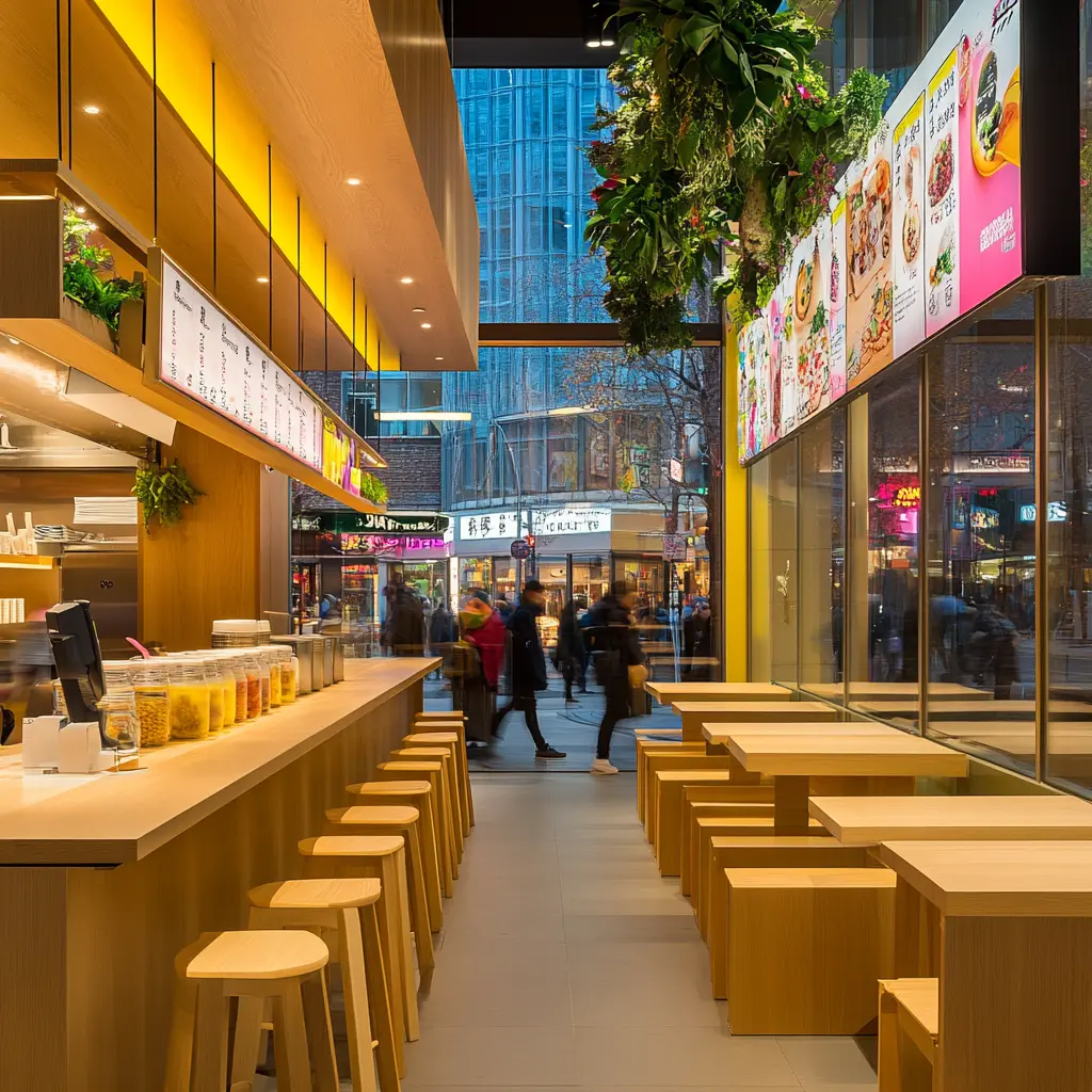 A vibrant and modern Boba Shop interior with warm ambient lighting, sleek wooden furniture, and pops of pastel colors.