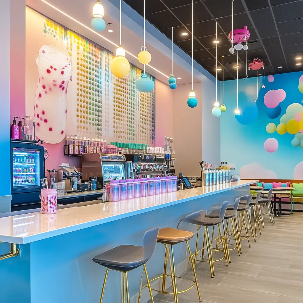 A photorealistic rendering of a modern boba tea shop interior, showcasing a sleek bar counter with tapioca pearl jars, colorful drink machines, and cozy seating areas with small tables and stylish chairs.